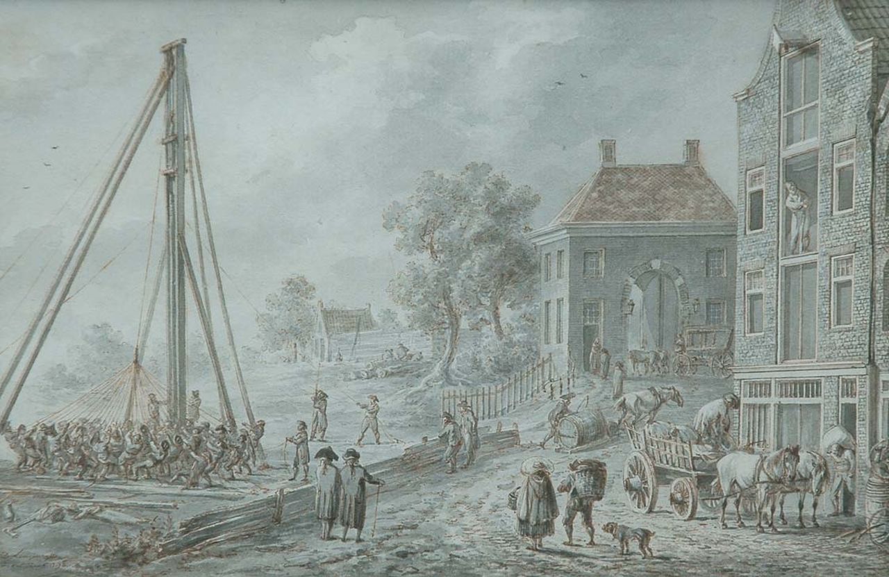 Langendijk D.  | Dirk Langendijk, Driving piles in a Dutch city, Getuschte Tinte auf Papier 13,4 x 20,0 cm, signed l.l. und dated 15 juni 1798
