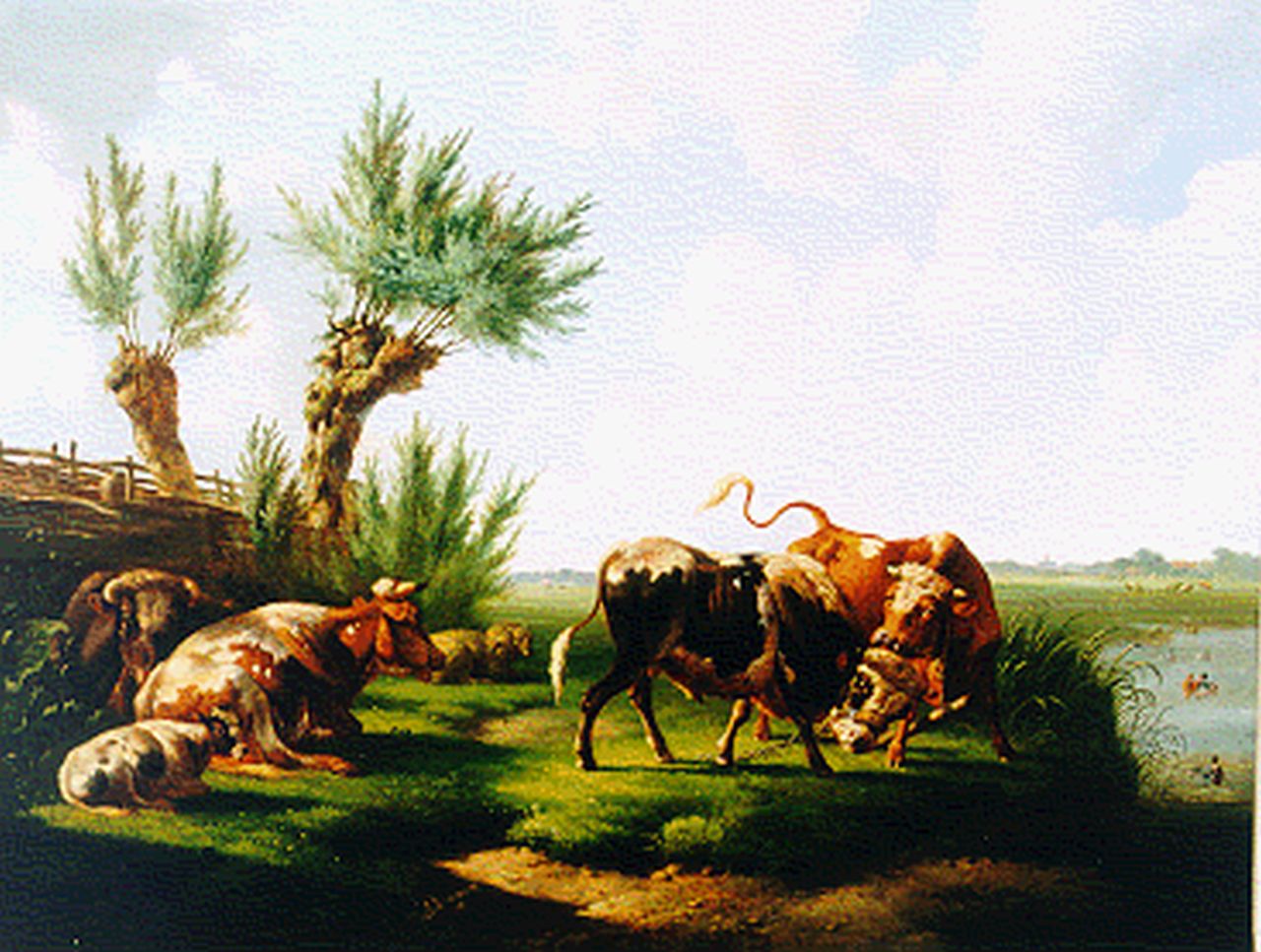 Verhoesen A.  | Albertus Verhoesen, Catlle on the riverbank, Öl auf Leinwand 75,0 x 100,0 cm, signed centre und dated 1868