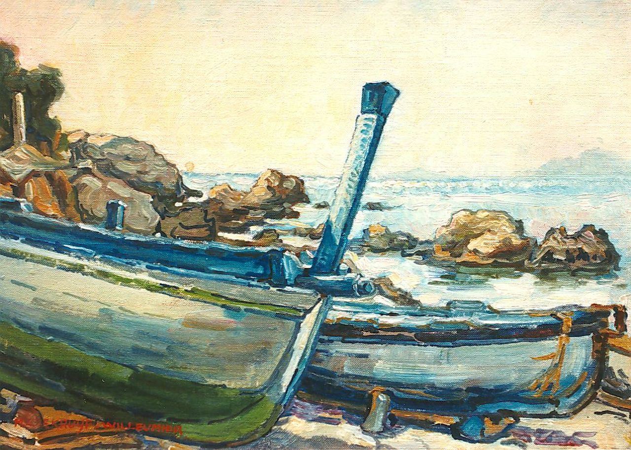 Kruijff-Willemier M.A.  | Maria Augusta Kruijff-Willemier, A rocky coast with moored boats, Öl auf Leinwand 23,0 x 33,0 cm, signed l.l.