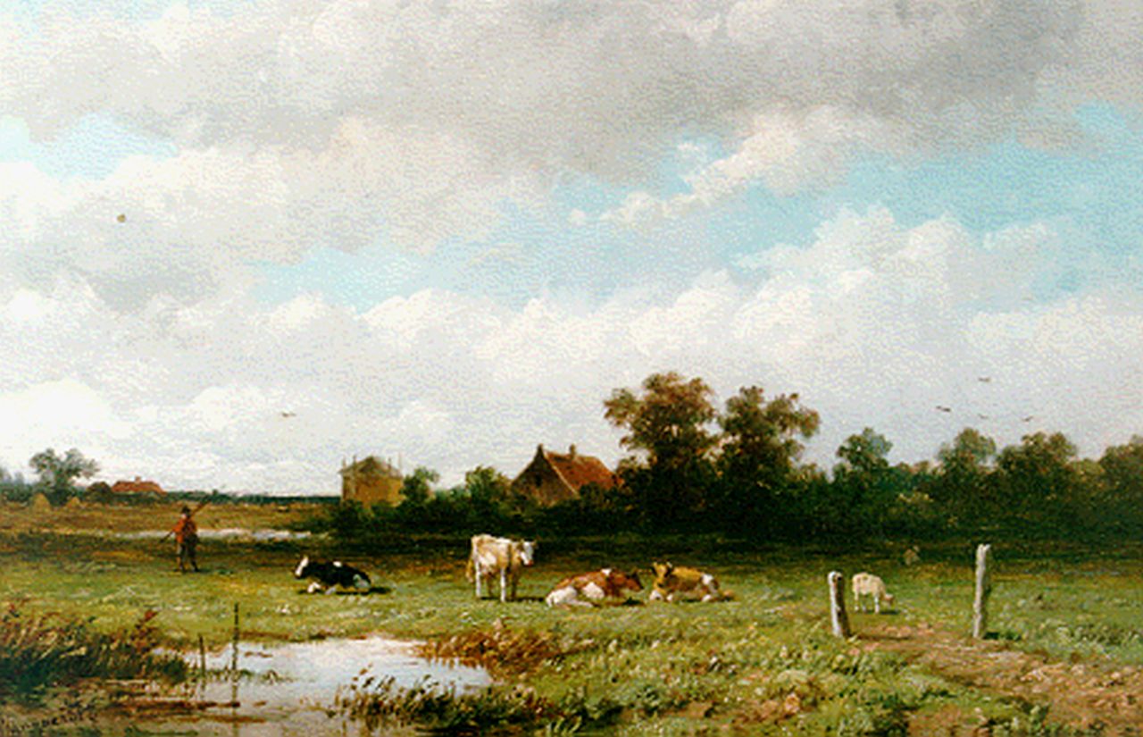 Wijngaerdt A.J. van | Anthonie Jacobus van Wijngaerdt, Cattle in a meadow, Öl auf Holz 23,1 x 36,1 cm, signed l.l.