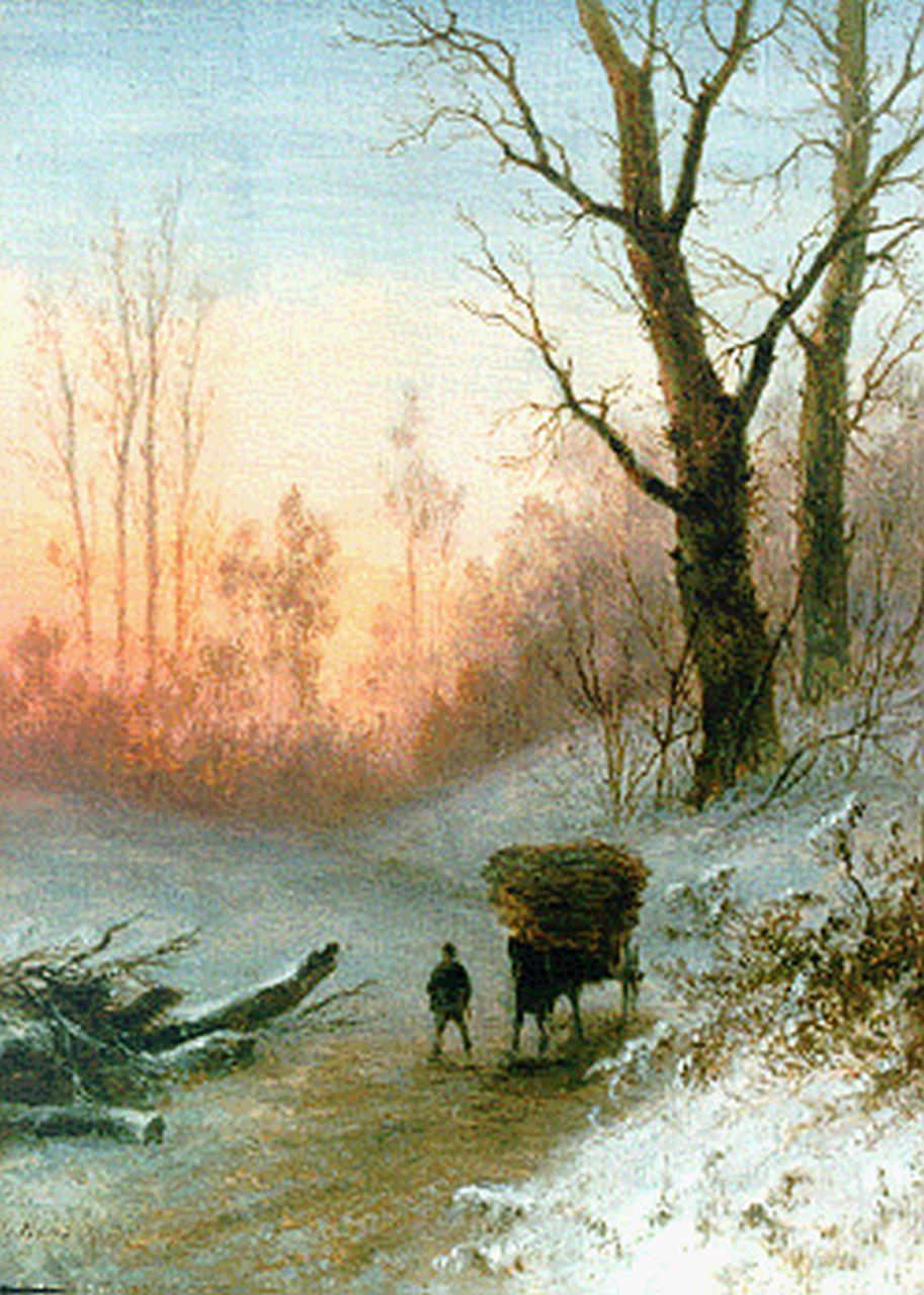 Hans J.G.  | Josephus Gerardus Hans, A forest landscape in winter, Öl auf Holz 22,6 x 17,2 cm