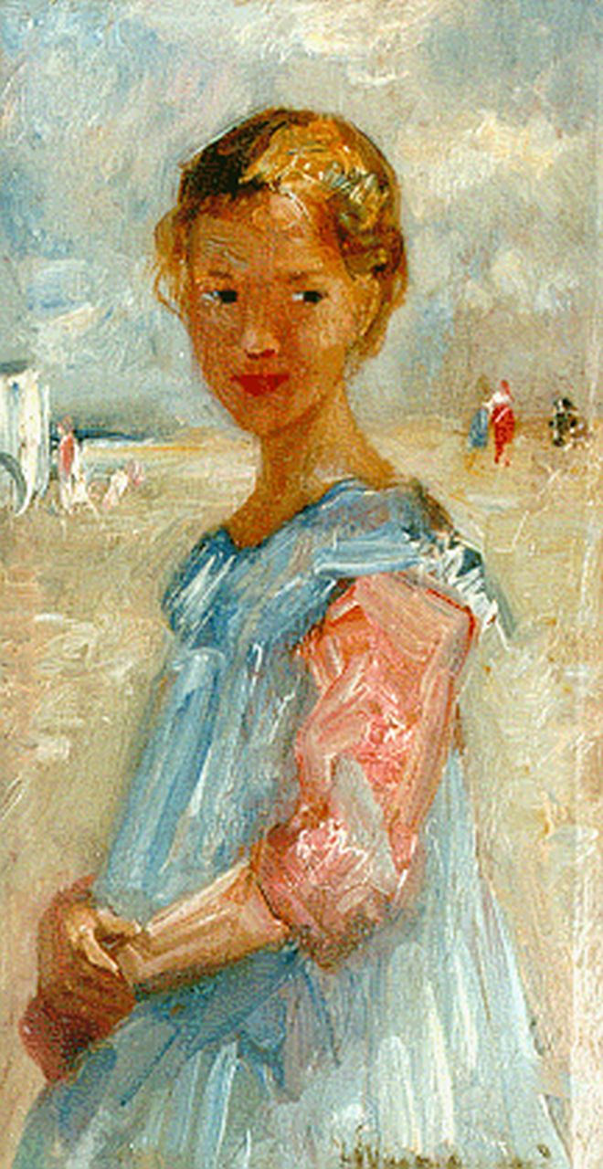 Maris S.W.  | Simon Willem Maris, A little girl in a blue dress on the beach, Zandvoort, Öl auf Holz 22,0 x 11,7 cm, signed l.r. und dated 1917