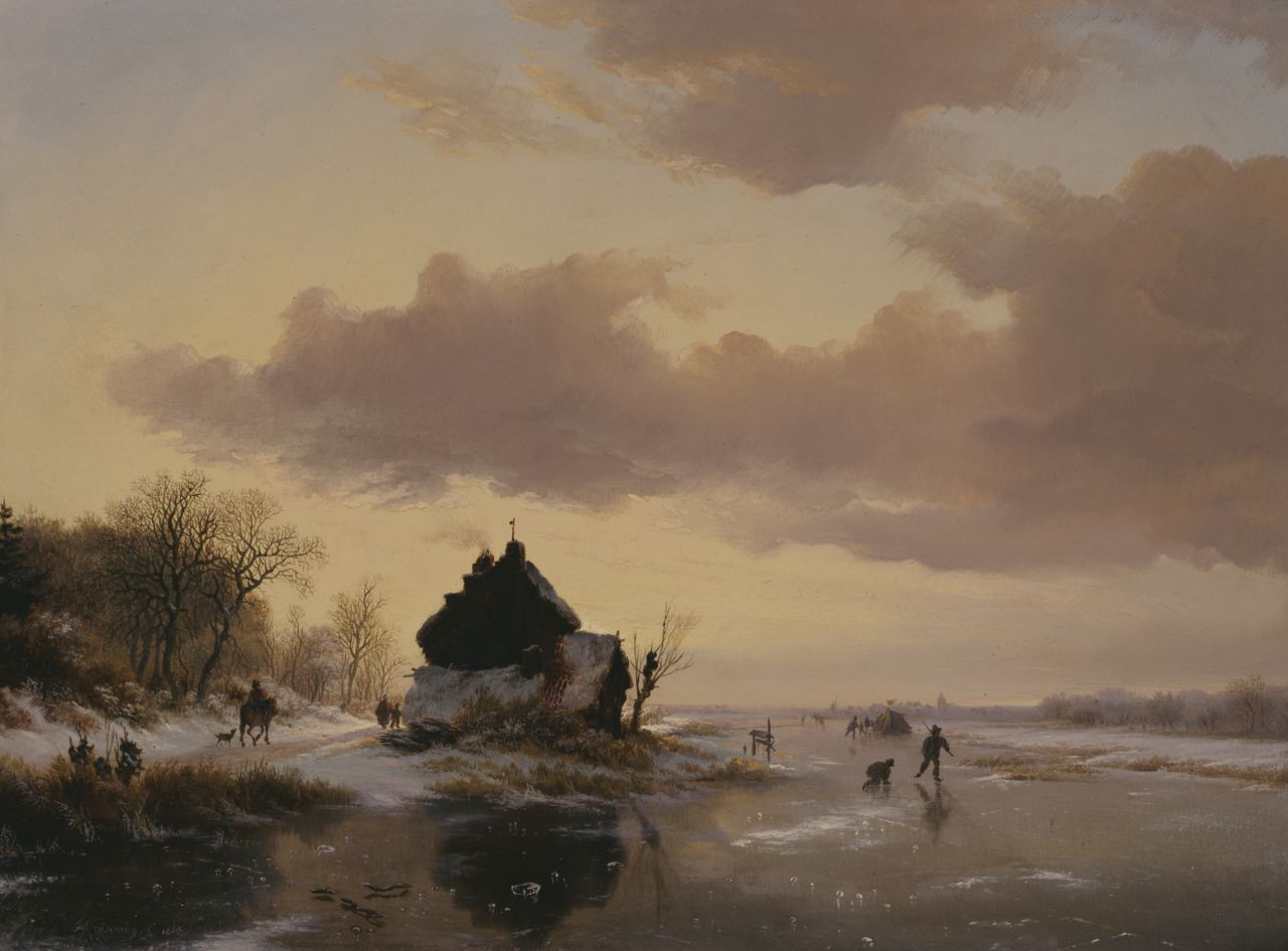 Kruseman F.M.  | Frederik Marinus Kruseman, Eisansicht bei Sonnenuntergang, Öl auf Holz 39,3 x 52,8 cm, Unterzeichnet u.l. und datiert 1842
