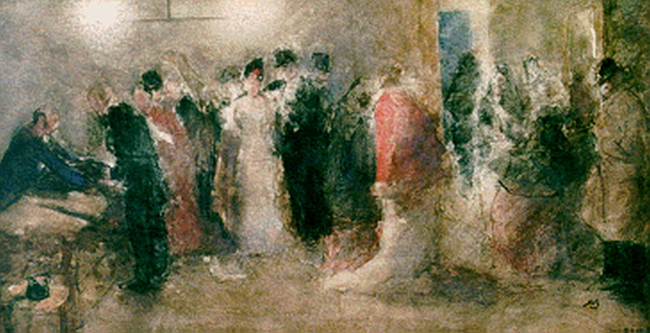 Bauer M.A.J.  | 'Marius' Alexander Jacques Bauer, The cloakroom of the 'Haagse Stadsschouwburg', Aquarell auf Papier 24,3 x 43,8 cm, signed l.r. with monogram und datiert 1886