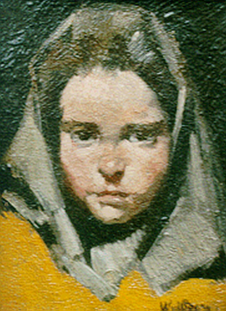 Berg W.H. van den | 'Willem' Hendrik van den Berg, A girl with a headscarf, 12,0 x 8,9 cm, signed l.r.