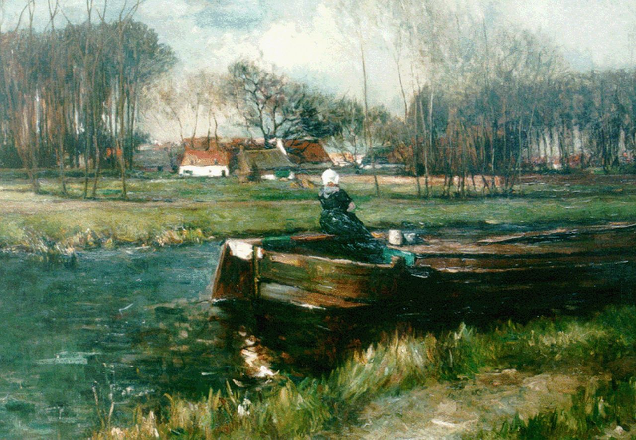 Roelofs O.W.A.  | Otto Willem Albertus 'Albert' Roelofs, A woman in a flatboat, Öl auf Leinwand 122,5 x 171,1 cm, signed on the reverse und dated 1896