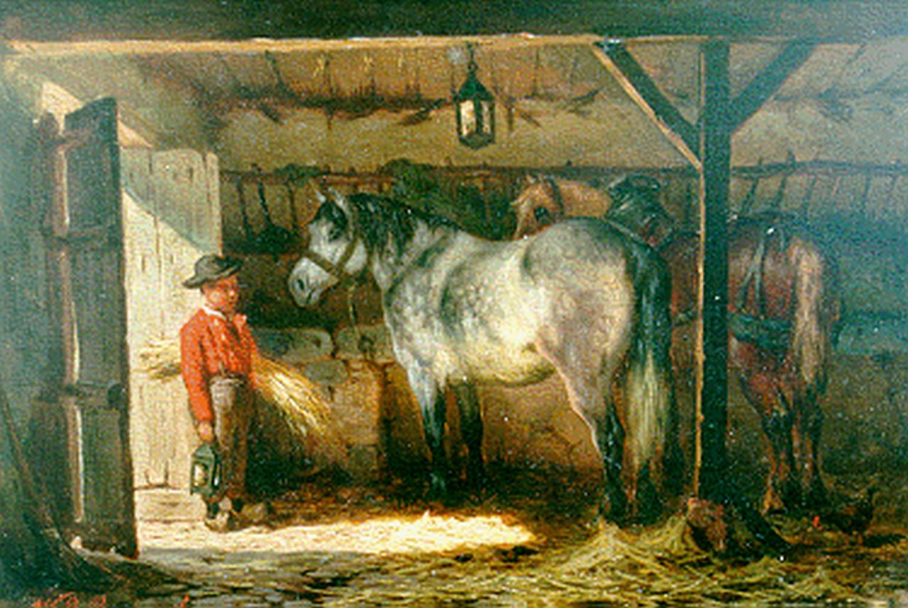 Boogaard W.J.  | Willem Johan Boogaard, Feeding the horses, Öl auf Holz 16,8 x 25,3 cm, signed l.l.
