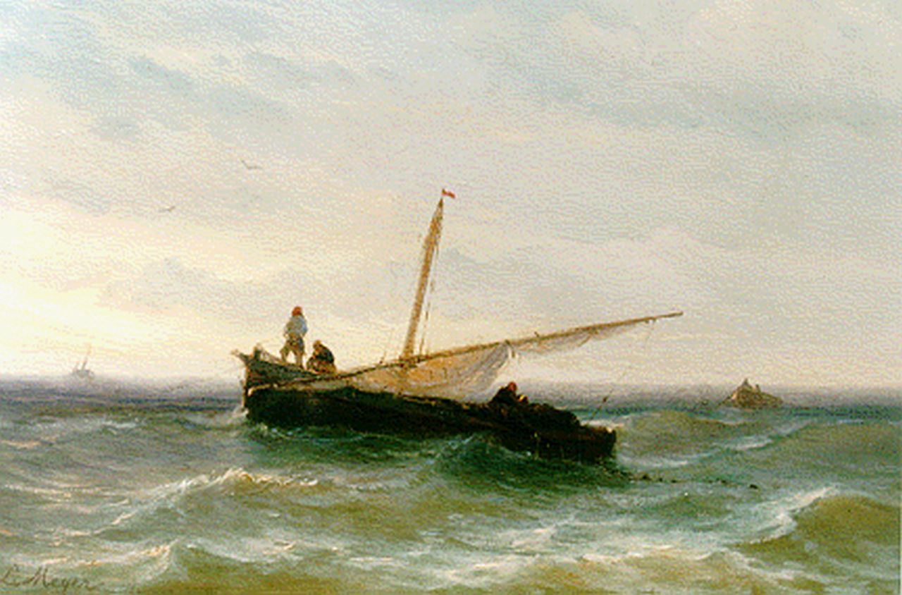 Meijer J.H.L.  | Johan Hendrik 'Louis' Meijer, A sailing vessel lowering sail, Öl auf Holz 18,5 x 26,7 cm, signed l.l.