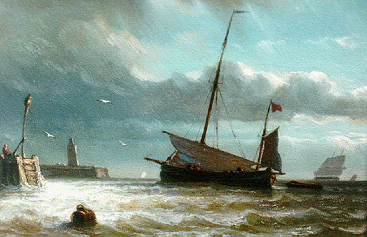 Hoffmann G.J.  | Georges Johannes Hoffmann, A sailing vessel lowering sail, Öl auf Holz 12,9 x 18,6 cm