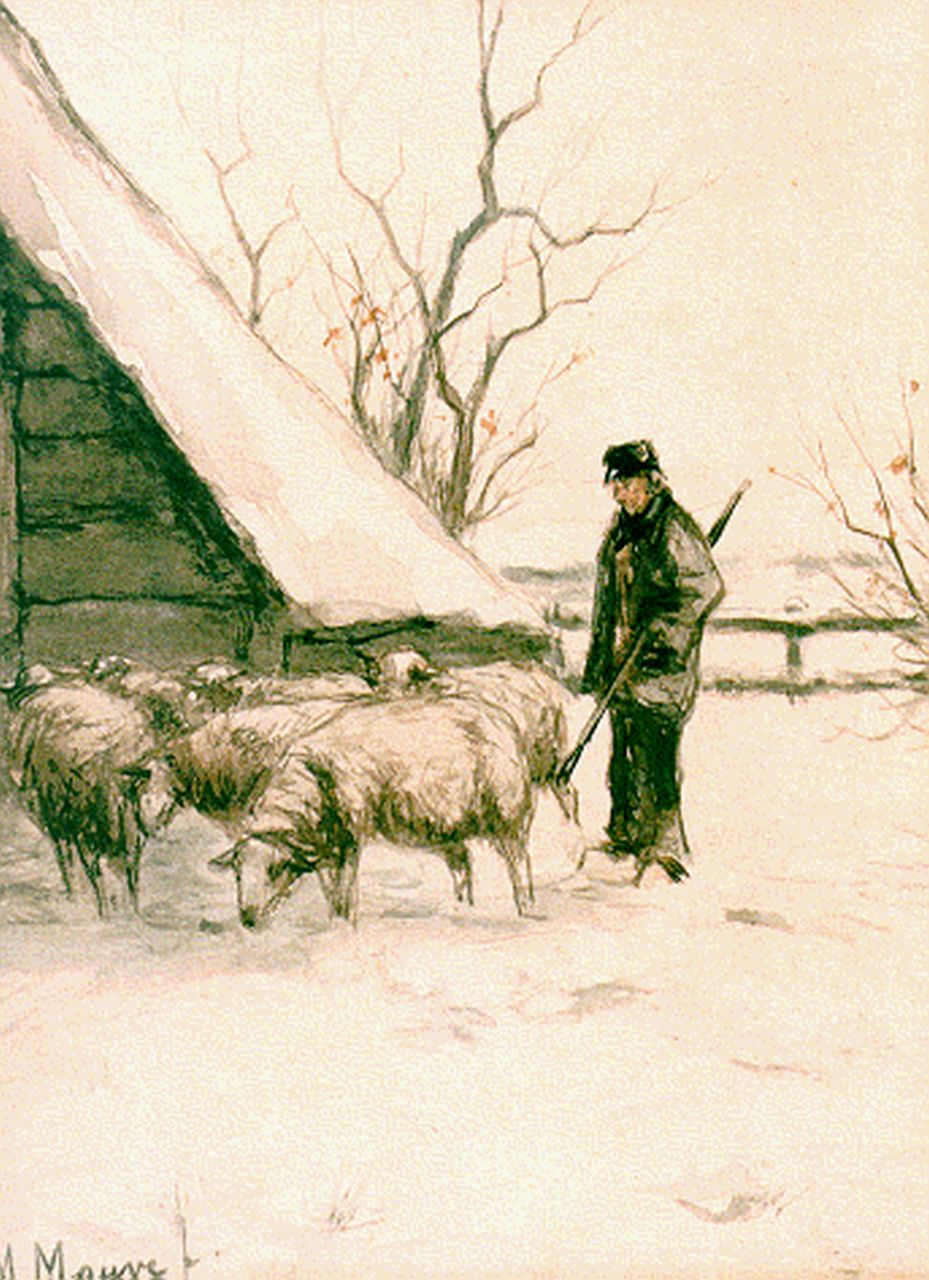Mauve A.  | Anthonij 'Anton' Mauve, A shepherd and flock in a snow-covered landscape, Aquarell auf Papier 18,0 x 23,3 cm, signed l.l.