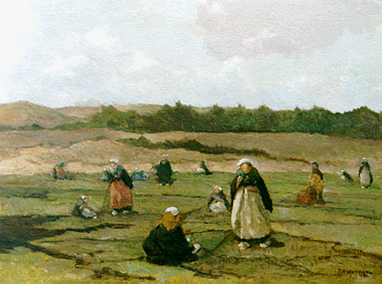 Akkeringa J.E.H.  | 'Johannes Evert' Hendrik Akkeringa, Mending the nets in the dunes, Öl auf Leinwand 40,3 x 50,4 cm, signed l.r.