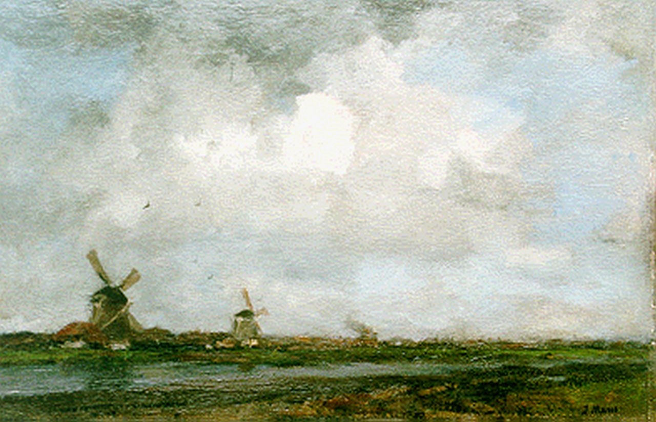 Maris J.H.  | Jacobus Hendricus 'Jacob' Maris, Windmills along a canal near Leiden, Öl auf Leinwand 32,3 x 49,5 cm, signed l.r.