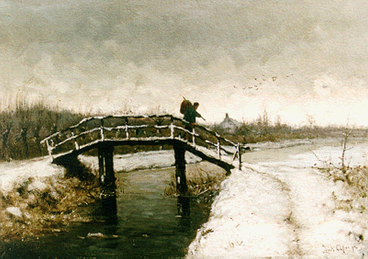 Apol L.F.H.  | Lodewijk Franciscus Hendrik 'Louis' Apol, A traveller on a draw-bridge in a winter landscape, Öl auf Leinwand 35,5 x 50,2 cm, signed l.r. und zu datieren ca. 1880