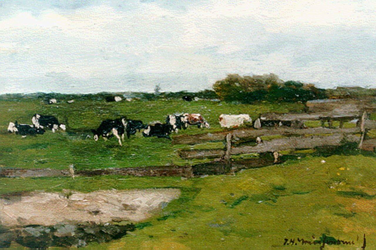 Weissenbruch H.J.  | Hendrik Johannes 'J.H.' Weissenbruch, A summer landscape with cows grazing, Öl auf Leinwand Malereifaser 17,5 x 24,5 cm, signed l.r.