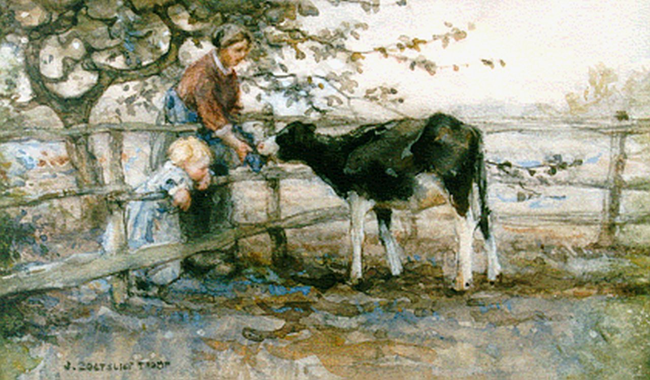 Zoetelief Tromp J.  | Johannes 'Jan' Zoetelief Tromp, Feeding a calf, Aquarell und Gouache auf Papier 18,3 x 28,5 cm, signed l.l.