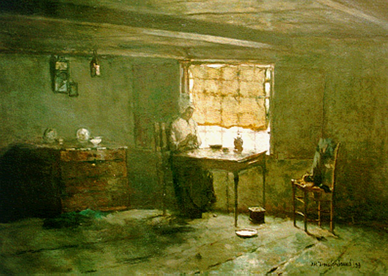 Weissenbruch H.J.  | Hendrik Johannes 'J.H.' Weissenbruch, Interior with 'Vrouwtje Waaiman', Noorden, Öl auf Leinwand 72,2 x 102,2 cm, signed l.r. und dated '93
