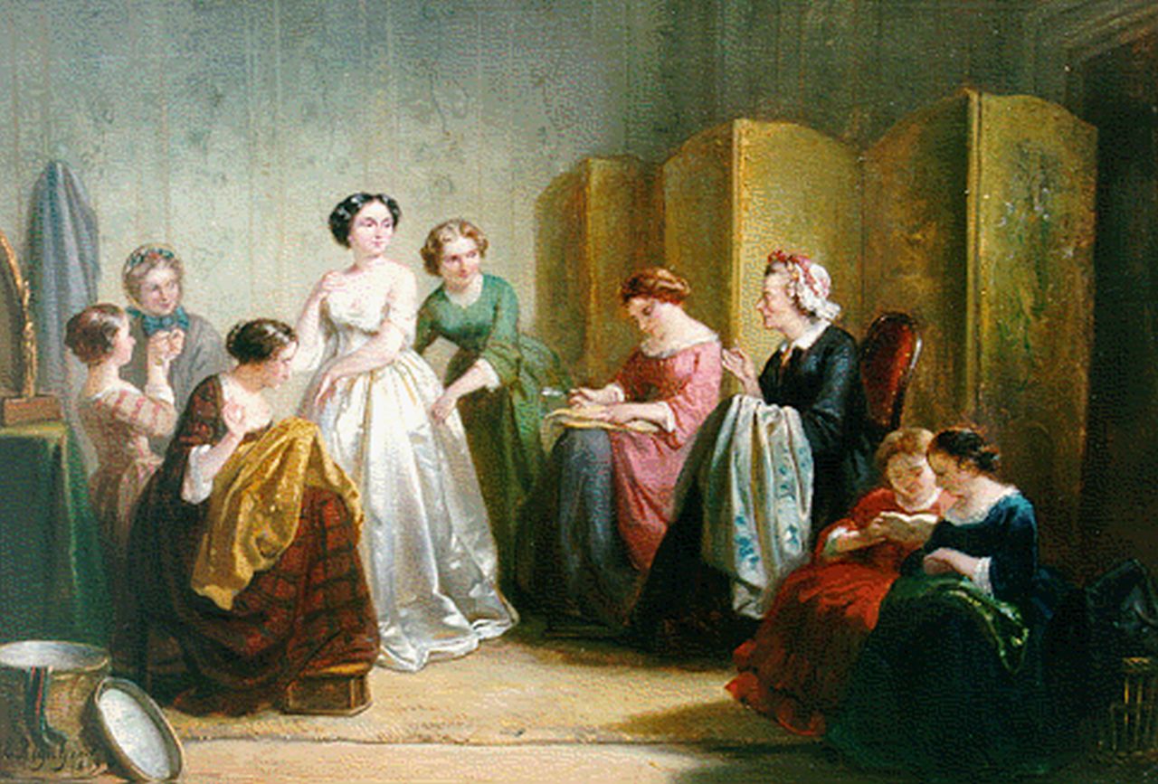 Reijntjens H.E.  | Henricus Engelbertus Reijntjens, Fitting the wedding dress, Öl auf Holz 26,7 x 38,5 cm, signed l.l. und dated 1863