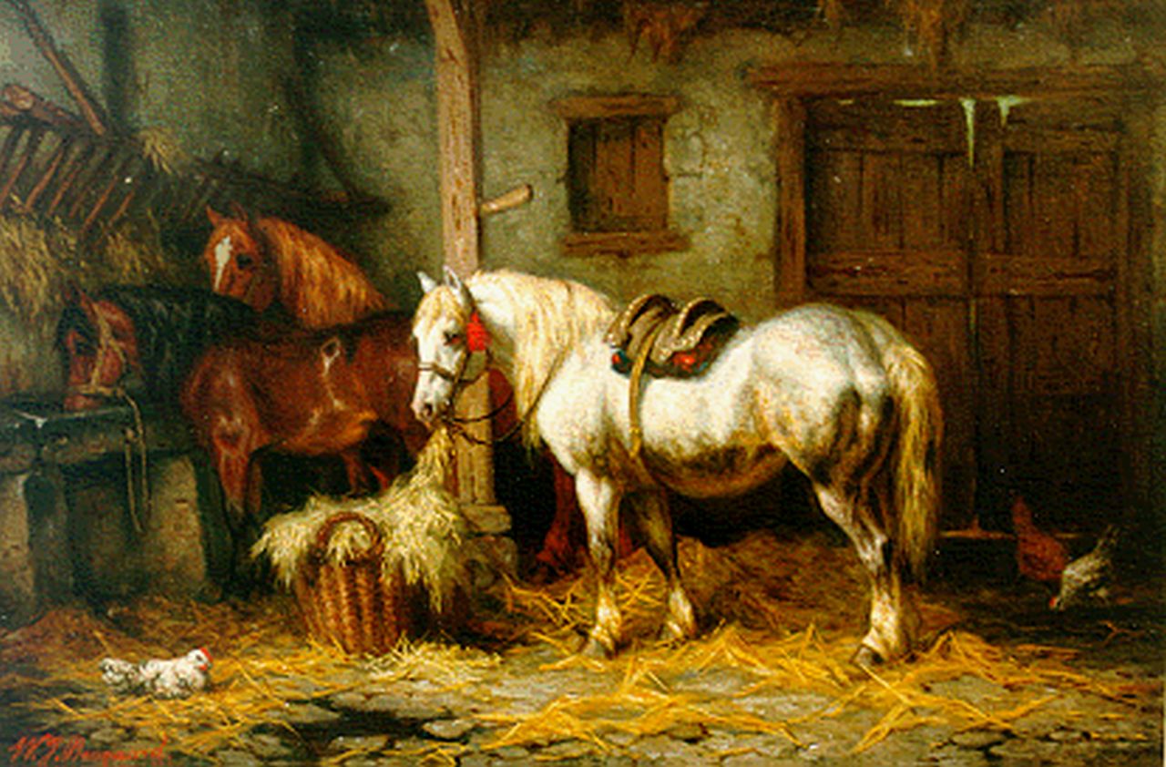 Boogaard W.J.  | Willem Johan Boogaard, Three horses in a stable, Öl auf Holz 26,8 x 39,9 cm, signed l.l. und dated 1881