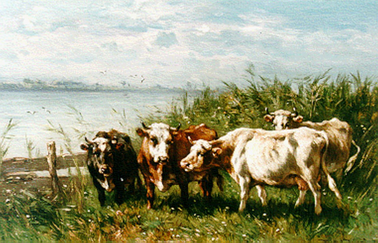 Haas J.H.L. de | Johannes Hubertus Leonardus de Haas, Cows on the Riverbank, Öl auf Holz 30,9 x 46,9 cm, signed l.r.