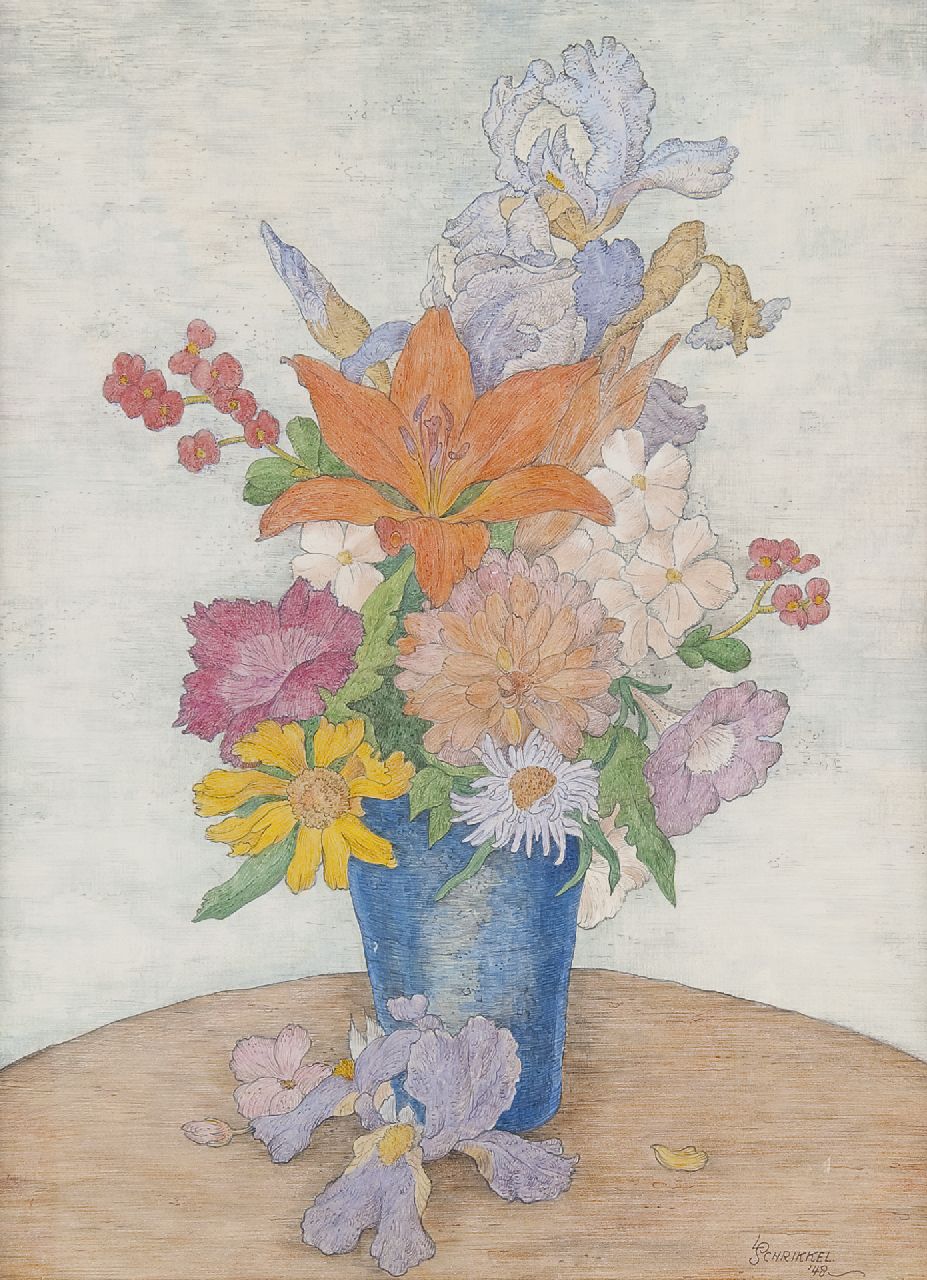 Schrikkel J.L.  | Johannes Lodewijk 'Louis' Schrikkel, Blumenstilleben, Farbbleistift auf Papier 40,0 x 26,5 cm, Unterzeichnet r.u. und datiert '48