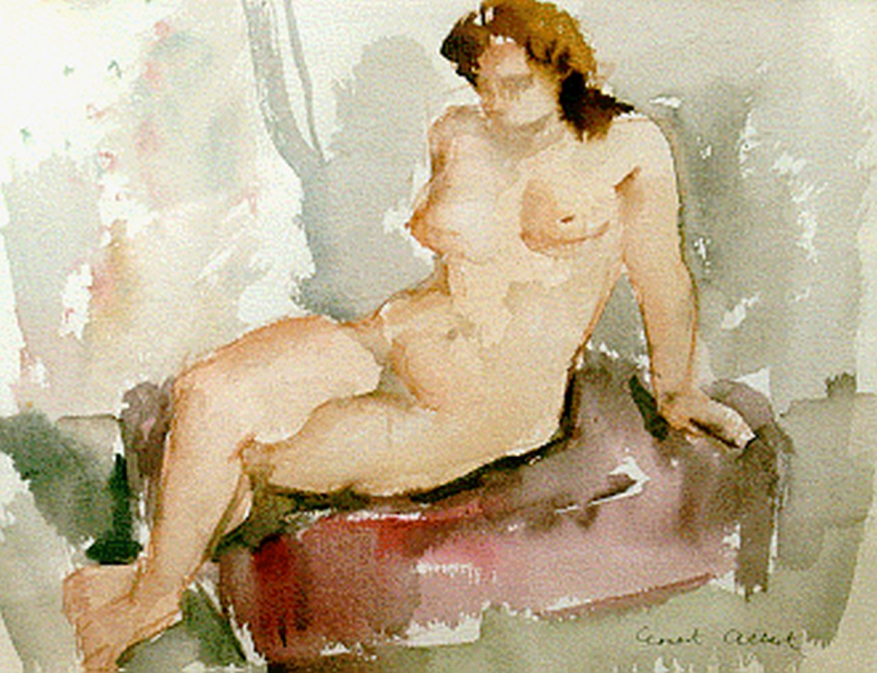 Albert E.  | Ernest Albert, A seated nude, Aquarell auf Papier 25,5 x 32,0 cm, signed l.r.