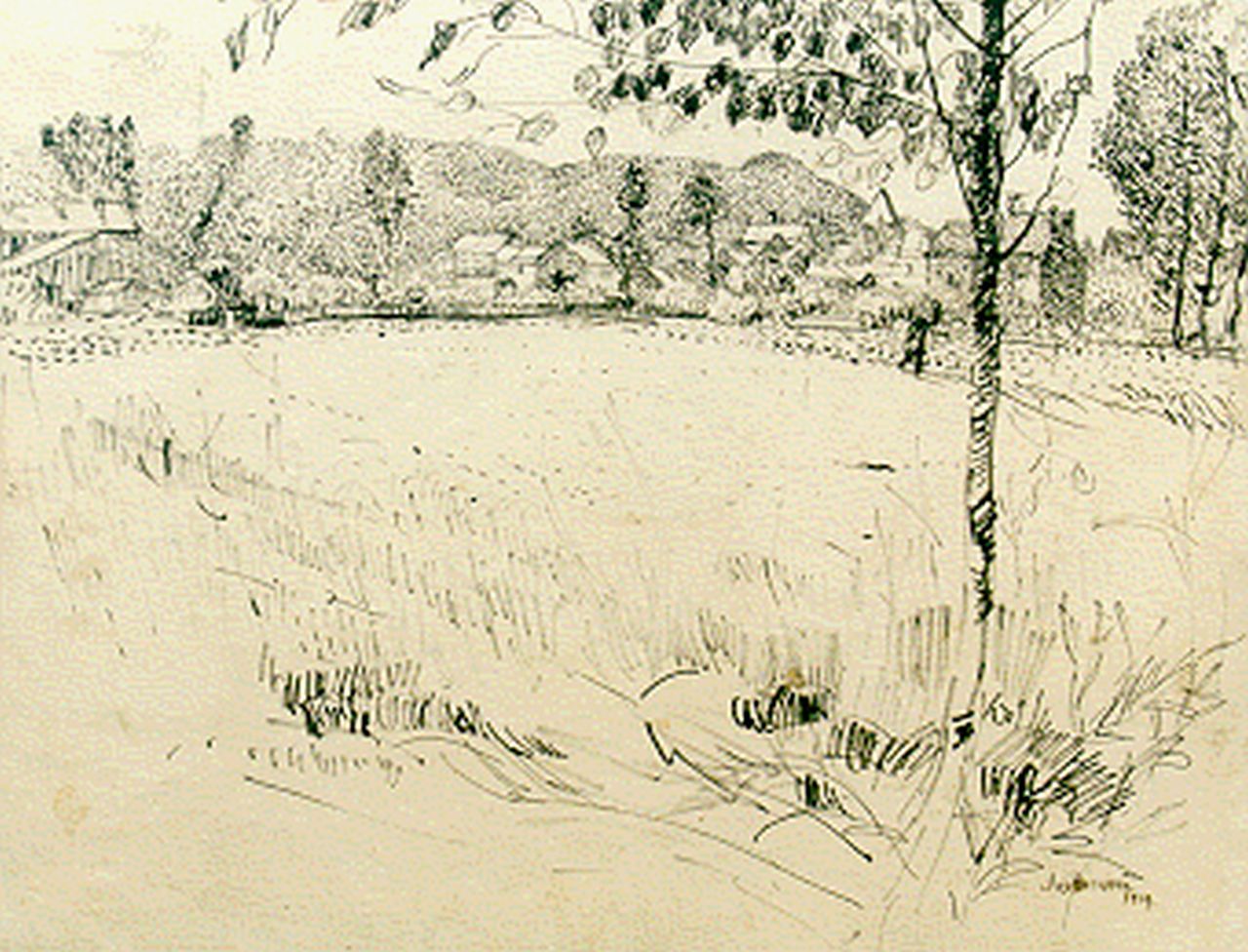Raphael J.  | Joseph Raphael, Blick auf das belgische Dorf, Uccle, Ausziehtusche auf Papier 54,0 x 78,8 cm, signed l.r. und dated 1914