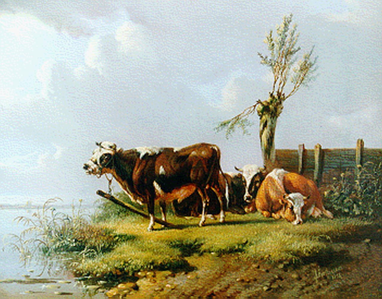 Verhoesen A.  | Albertus Verhoesen, Cattle on the riverbank, Öl auf Holz 14,3 x 17,6 cm, signed l.r. und dated 1856