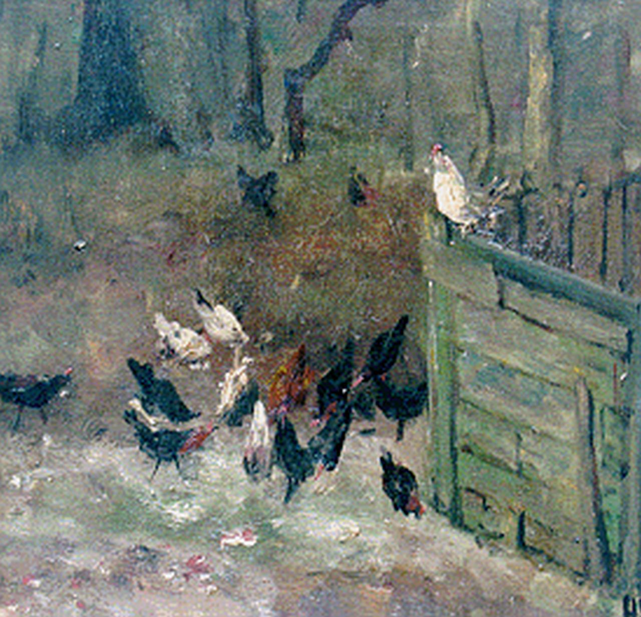 Mesdag H.W.  | Hendrik Willem Mesdag, Chickens on a farmyard, 21,2 x 21,6 cm, signed l.r. with initials