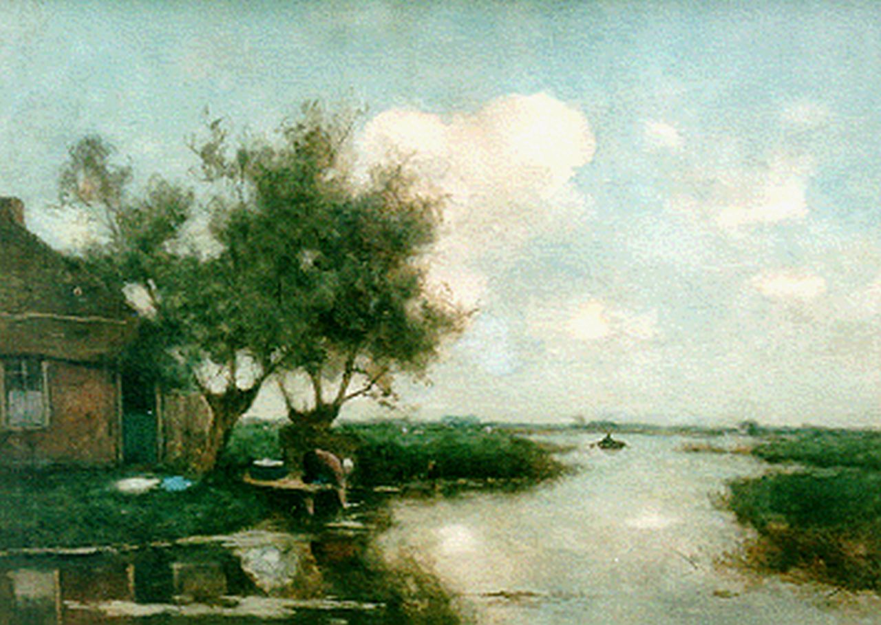 Bauffe V.  | Victor Bauffe, A washerwoman in a polder landscape, Aquarell auf Papier 48,6 x 67,5 cm, signed l.r.