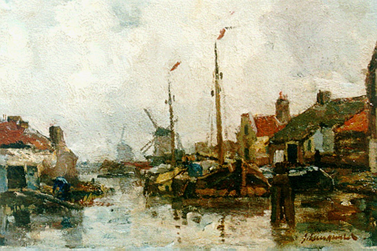Langeveld F.A.  | Franciscus Arnoldus 'Frans' Langeveld, Moored boats, Gouda, Öl auf Leinwand 24,8 x 32,5 cm, signed l.r.