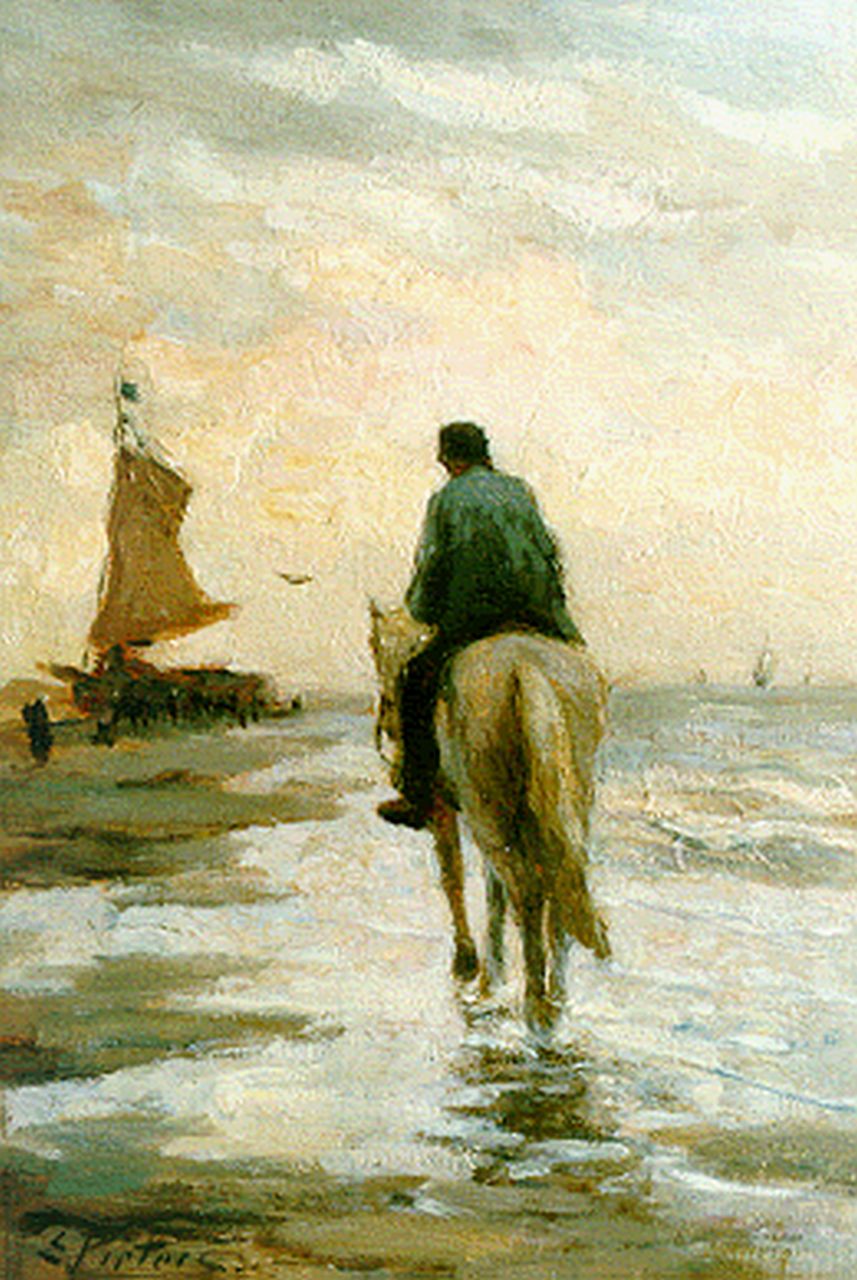 Pieters E.  | Evert Pieters, A horseman on the beach, Katwijk, Öl auf Holz 30,0 x 20,5 cm, signed l.l.