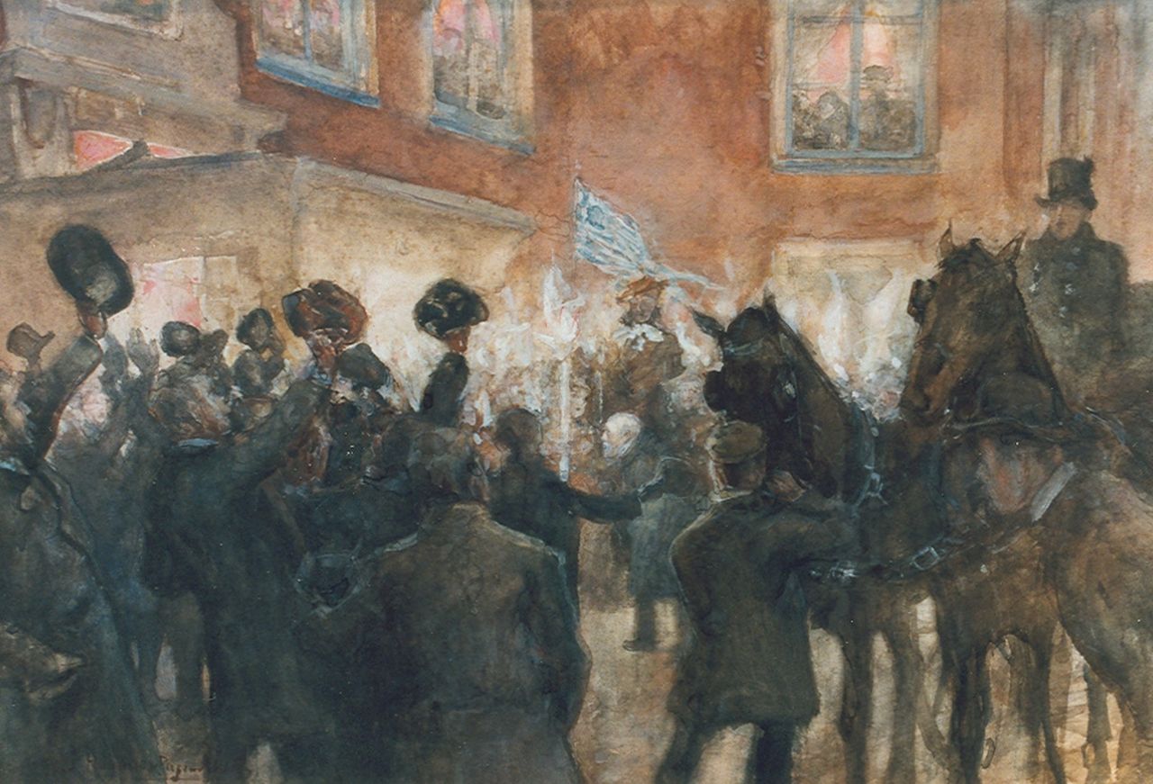 Hoynck van Papendrecht J.  | Jan Hoynck van Papendrecht, Celebrating Jozef Israels in the Pulchri Studio, Aquarell auf Papier 42,0 x 62,2 cm, signed l.l.