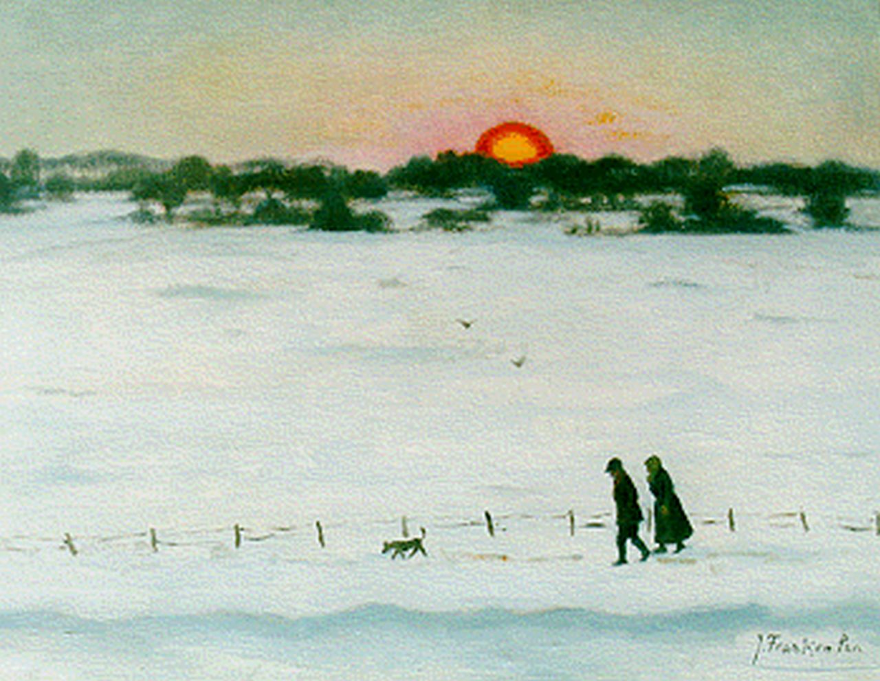 Franken J.P.J.  | Joannes Petrus Josephus 'Jan' Franken, Strollers in a snow-covered landscape, Öl auf Leinwand 35,3 x 45,3 cm, signed l.r.