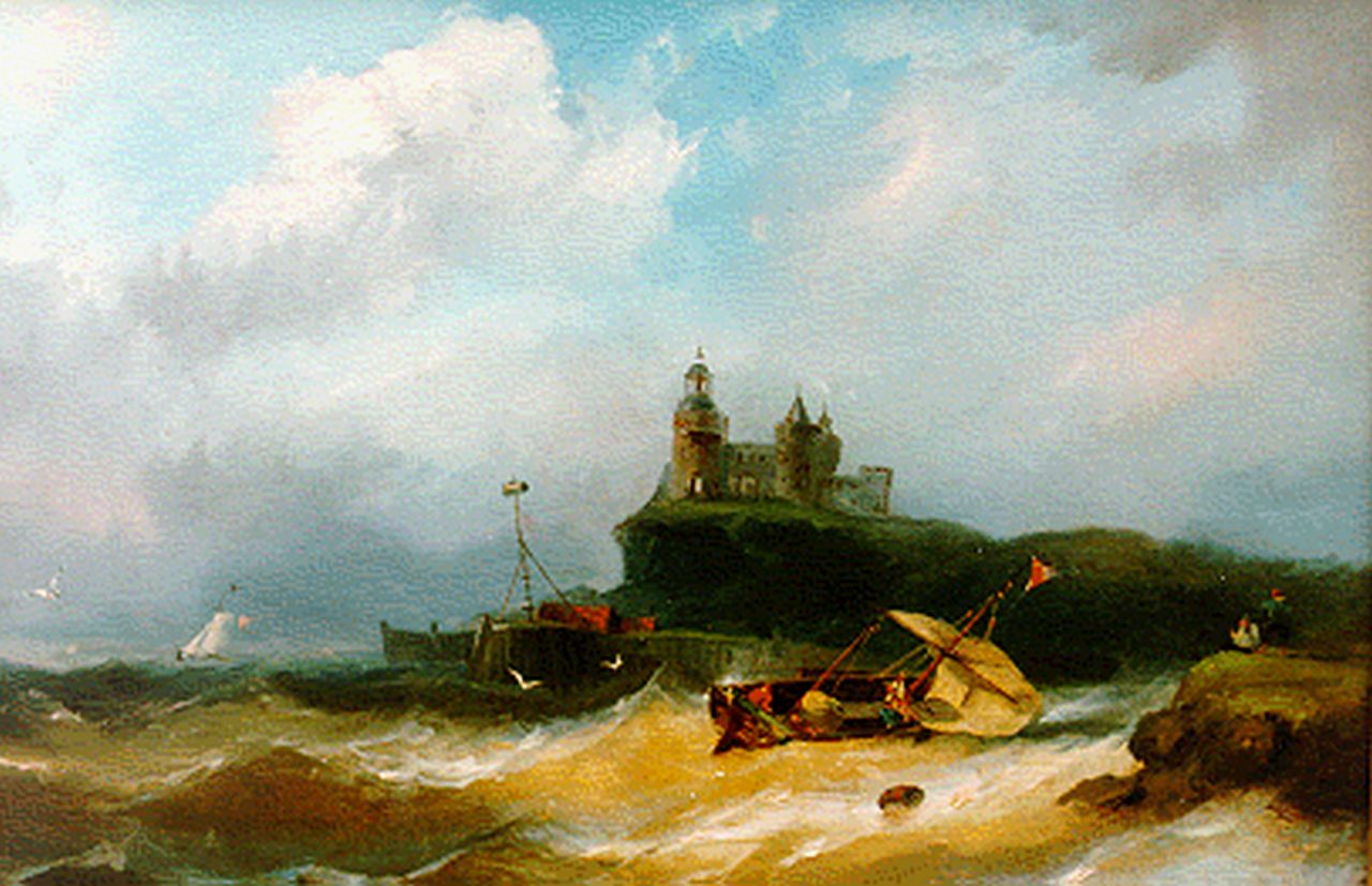 Hilleveld A.D.  | Adrianus David Hilleveld, Woelige zee met burcht op een landtong, Öl auf Holz 24,8 x 38,2 cm, gesigneerd linksonder
