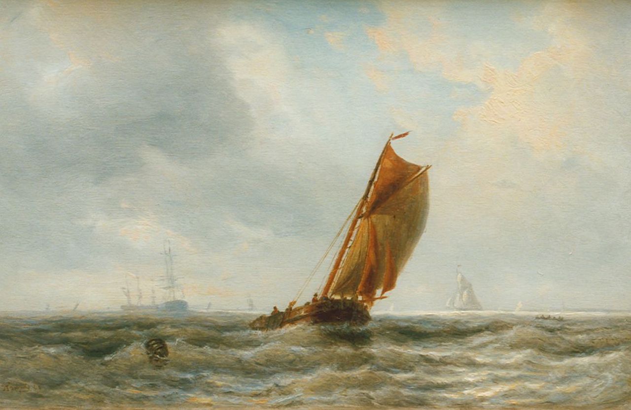 Schütz J.F.  | Jan Frederik Schütz, Shipping on choppy waters, Öl auf Holz 19,7 x 30,6 cm, signed l.l. und dated '63