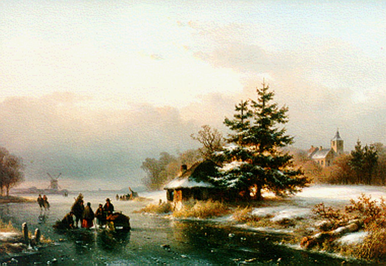 Kleijn L.J.  | Lodewijk Johannes Kleijn, Skaters on a frozen waterway, Öl auf Holz 39,5 x 40,6 cm, signed l.r.