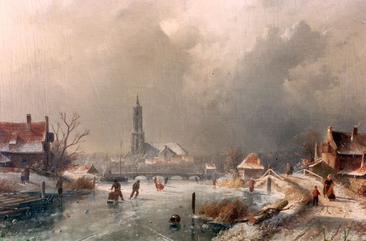 Leickert C.H.J.  | 'Charles' Henri Joseph Leickert, A winter landscape with skaters on the ice, Amersfoort in te distance, Öl auf Leinwand 44,3 x 65,6 cm, signed l.l.