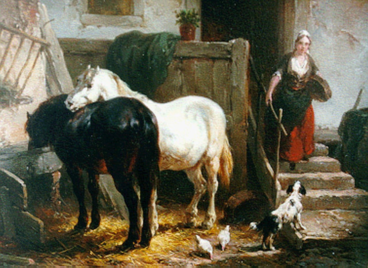 Verschuur W.  | Wouterus Verschuur, Feeding the horses, Öl auf Holz 15,0 x 19,0 cm, signed l.l.