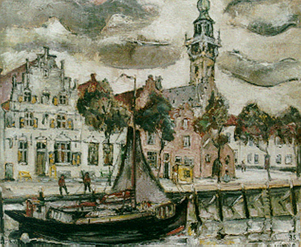 Kimpe R.J.P.  | Raymundus Josephus Petrus 'Reimond' Kimpe, A view of the harbour of Veere, Öl auf Leinwand 60,0 x 71,0 cm, signed l.r. und dated '35