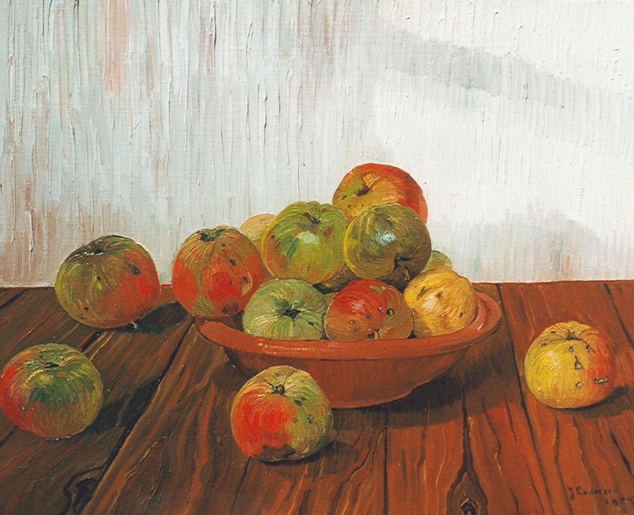 Lodeizen J.  | Johannes 'Jo' Lodeizen, Still life with apples on an oak table, Öl auf Leinwand 40,0 x 50,3 cm, signed l.r. und dated 1925