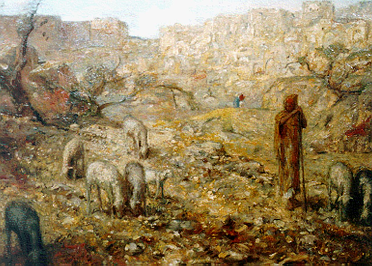 Bauer M.A.J.  | 'Marius' Alexander Jacques Bauer, A shepherd and flock, Jeruzalem, Öl auf Leinwand 50,2 x 70,0 cm, signed l.r.