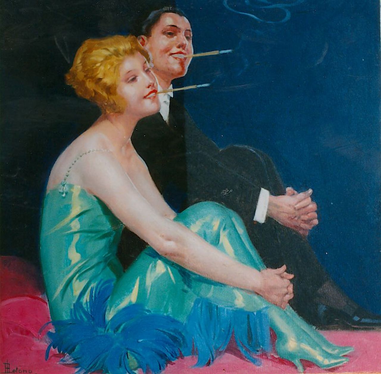 Lelong R.  | René Lelong, Smoking couple, Öl auf Malerpappe 34,9 x 35,3 cm, signed l.l.