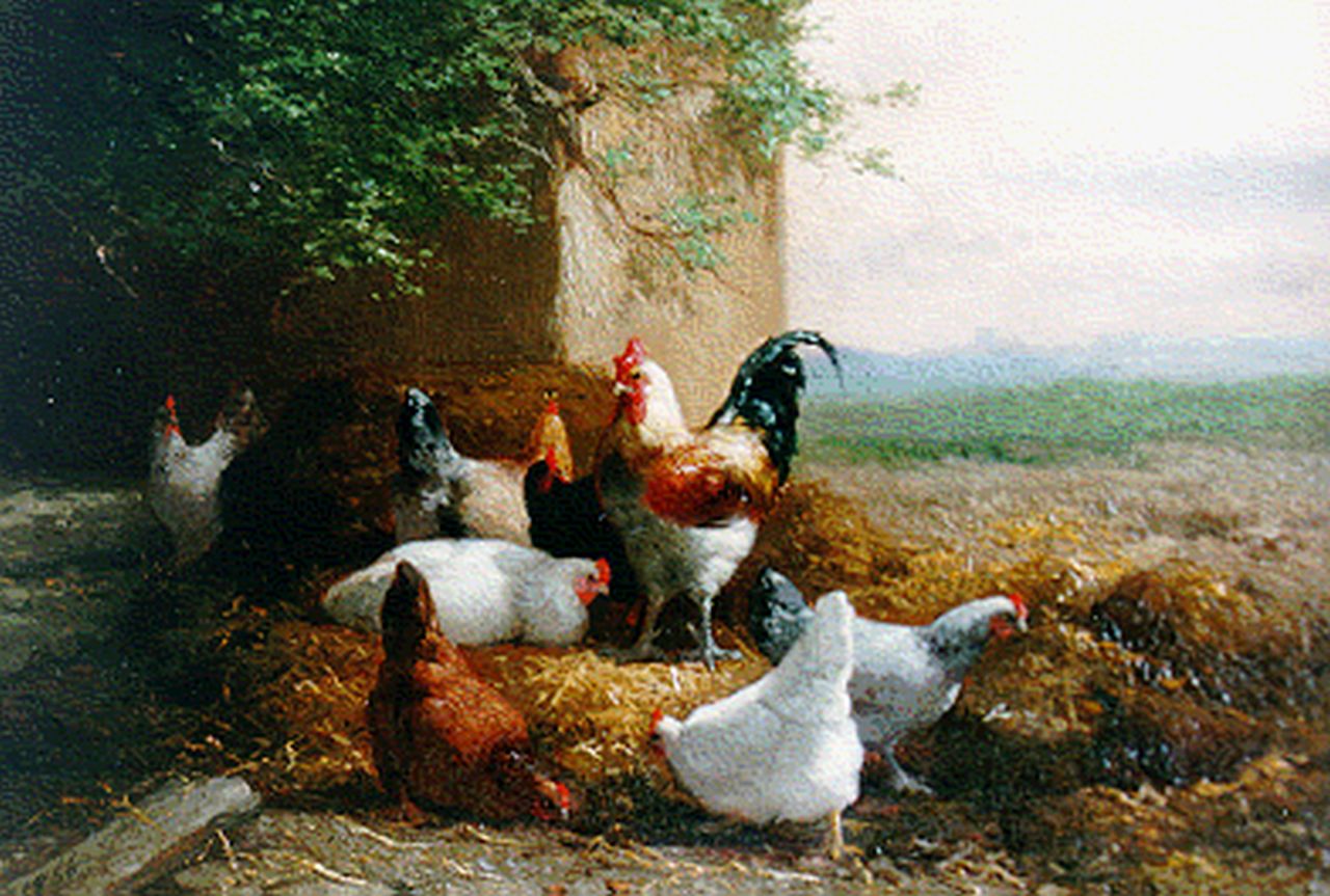 Maes E.R.  | Eugène Remy Maes, A rooster and hens, Öl auf Holz 16,6 x 24,0 cm, signed l.r. und dated 1866 l.l.