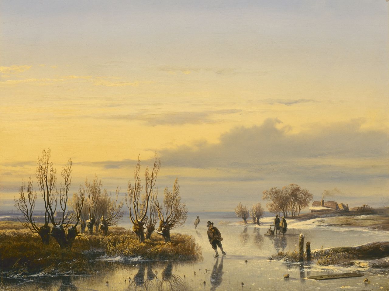Lieste C.  | Cornelis Lieste, Skaters on the ice by sunset, Öl auf Holz 30,0 x 40,0 cm, signed l.l.