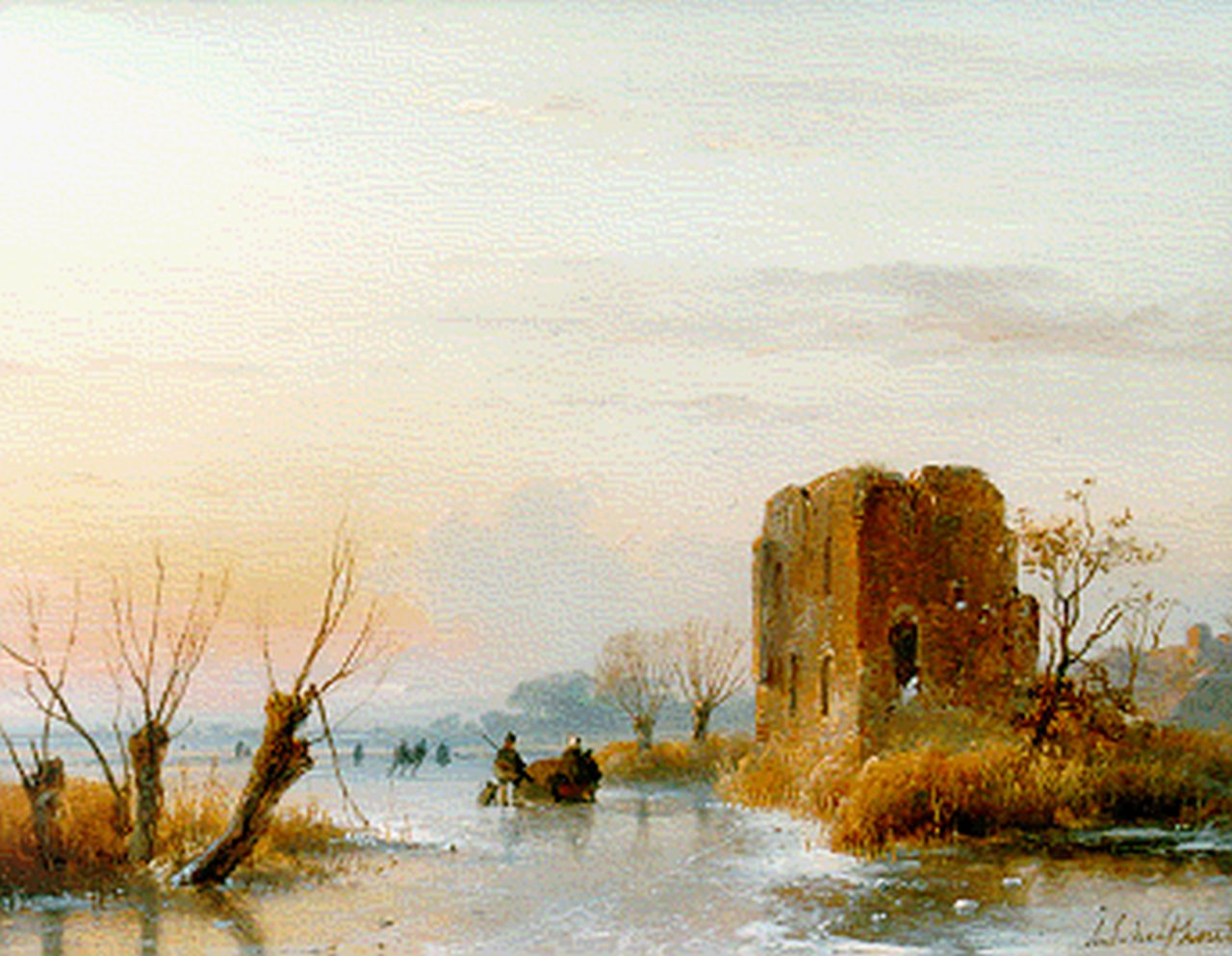 Schelfhout A.  | Andreas Schelfhout, A frozen waterway with a ruin in the distance, Öl auf Holz 20,7 x 27,0 cm, signed l.r.