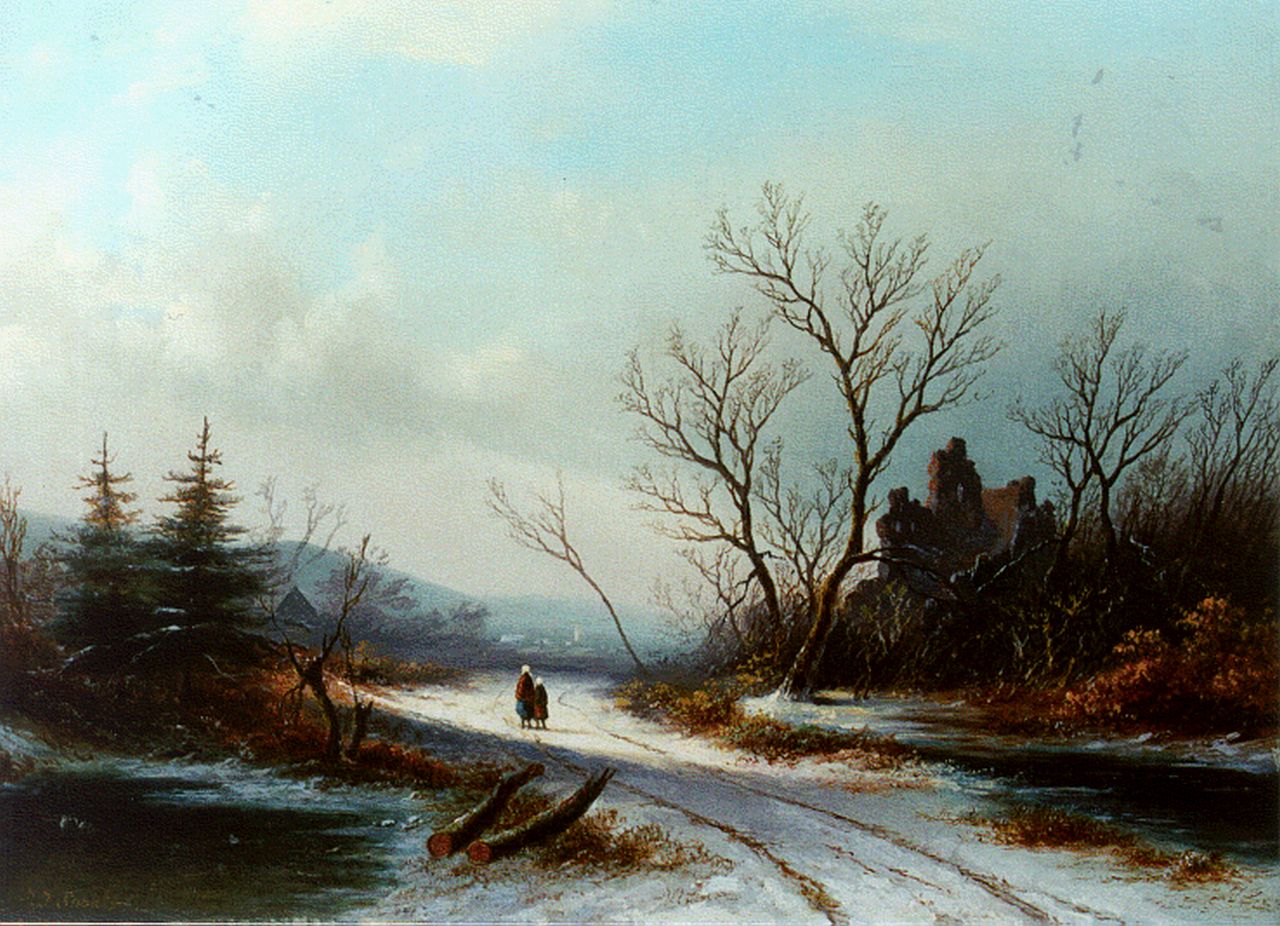 Spohler J.J.  | Jan Jacob Spohler, Travellers on a path in a winter landscape, Öl auf Leinwand 36,2 x 50,2 cm, signed l.l. und painted circa 1865