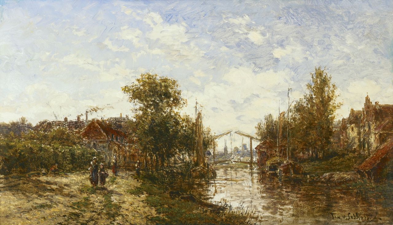 Jan van Lokhorst | A village along a waterway near Utrecht, Öl auf Holz, 22,2 x 38,0 cm, signed l.r. and on the reverse und dated 1885