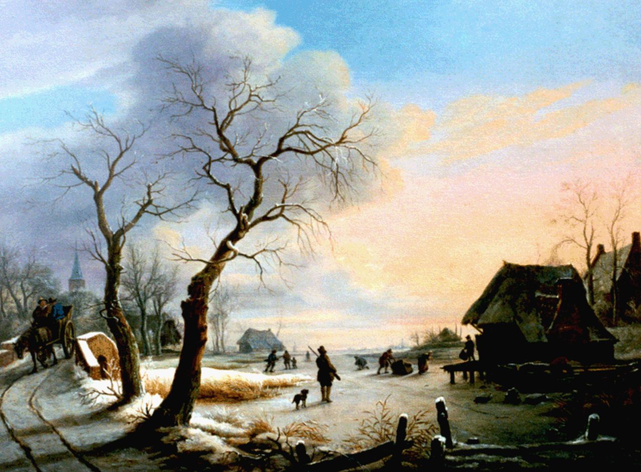 Hansen C.L.  | Carel Lodewijk Hansen, A winter landscape with figures on the ice, Öl auf Leinwand 61,3 x 82,3 cm, signed l.c.