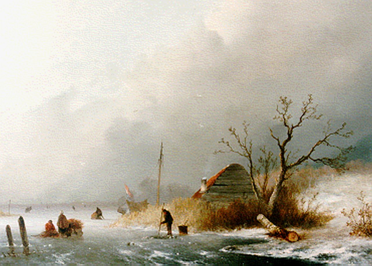 Hoppenbrouwers J.F.  | Johannes Franciscus Hoppenbrouwers, Skaters on a frozen waterway, Öl auf Holz 34,1 x 47,8 cm, signed l.l. und dated '52