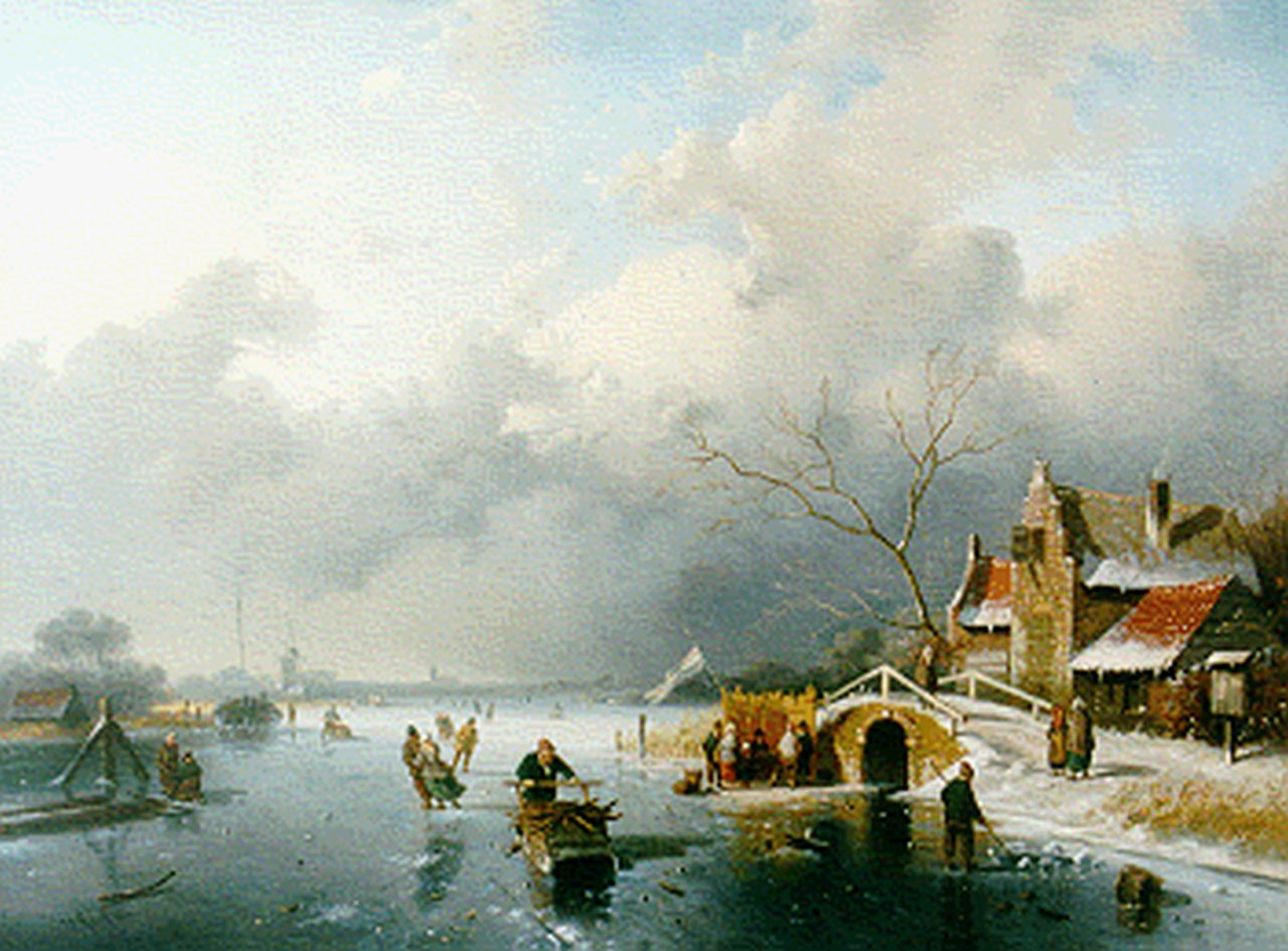 Morel II J.E.  | Jan Evert Morel II, A winter landscape with skaters and 'koek-en-zopie', Öl auf Leinwand 49,7 x 68,0 cm, signed l.l.